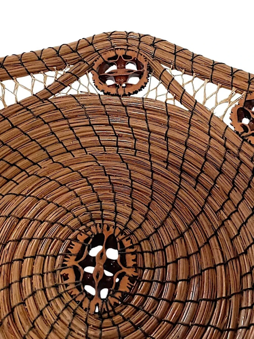 Vintage Long Pine Needle Basket Walnut Slice Inserts Coiled Folk‎ Art Hand Woven